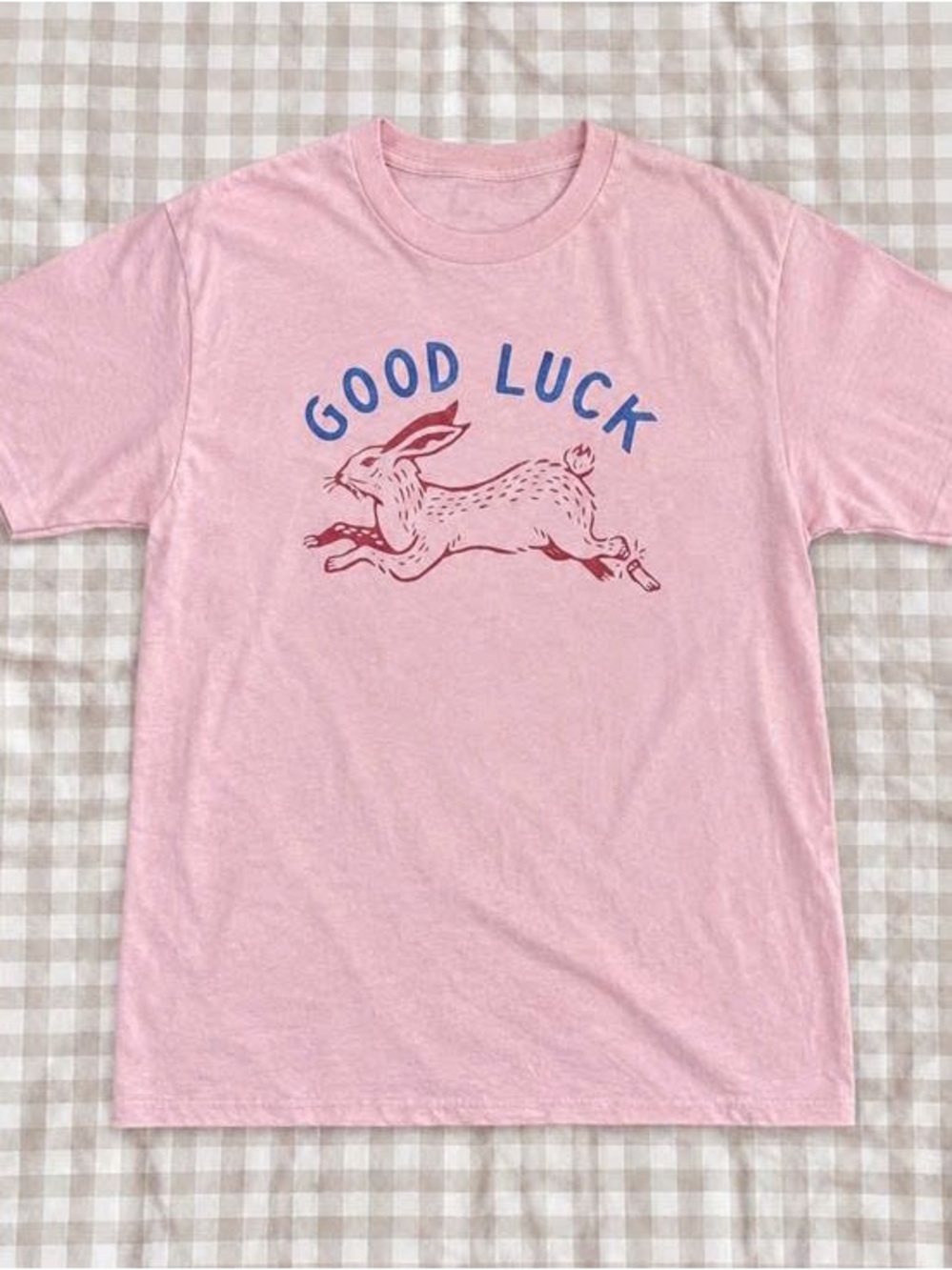 Pink 'Good Luck' Graphic Tee with Hare Illustration